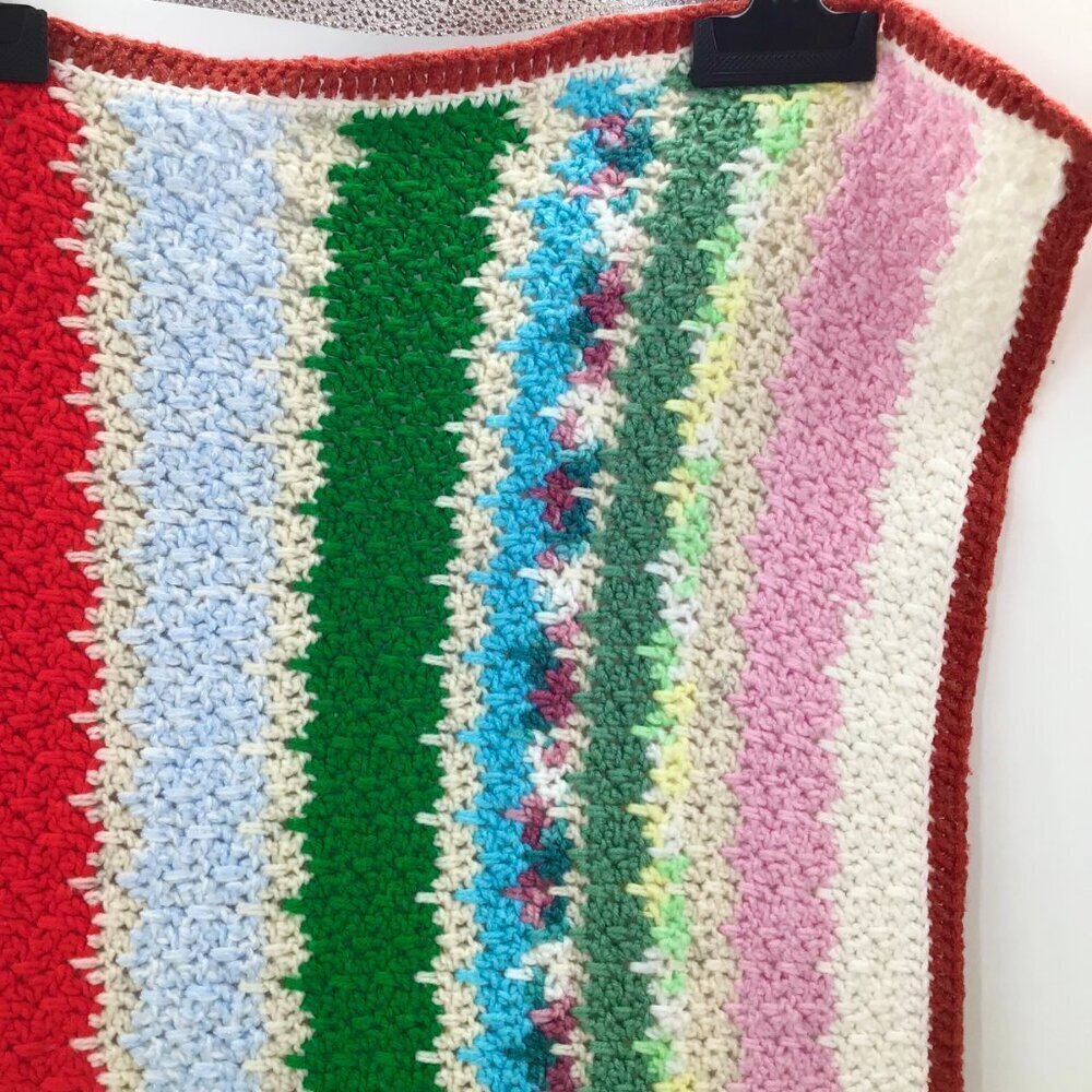 Vintage 1970s Retro Granny Baby Blanket Handmade MCM Colorful Striped Dopamine - Picture 9 of 13